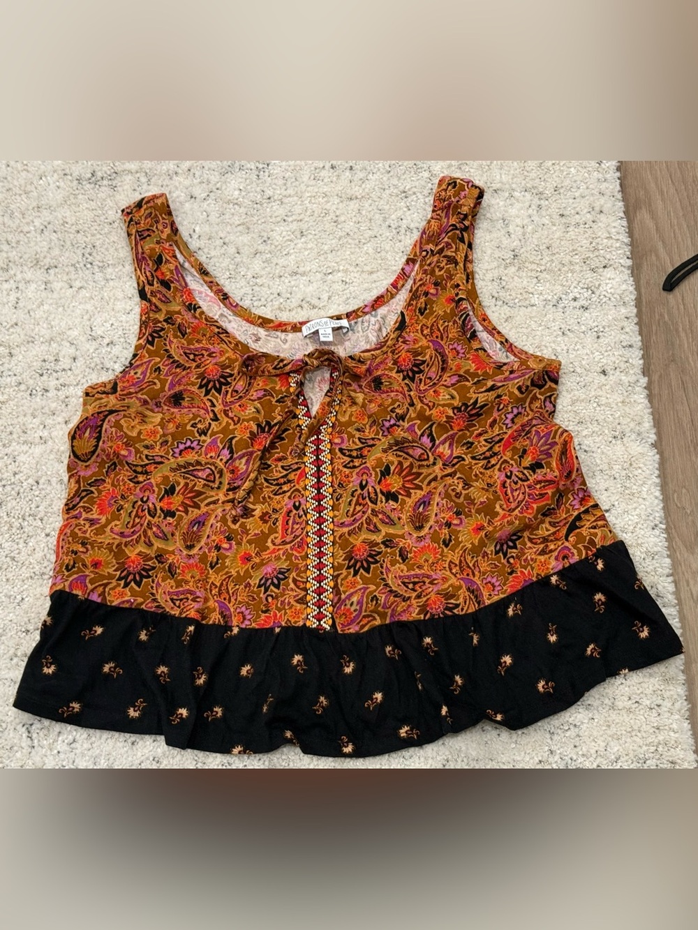 Patrons of Peace Large L Boho Paisley Peplum Tank Top Beaded Tie 100% Cotton
